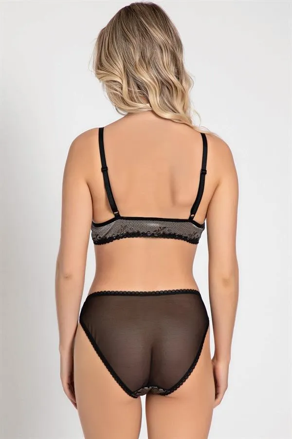 Antrasit Dantelli Balensiz Desteksiz Dolgusuz Kadın Bralet Sütyen Slip Takım
