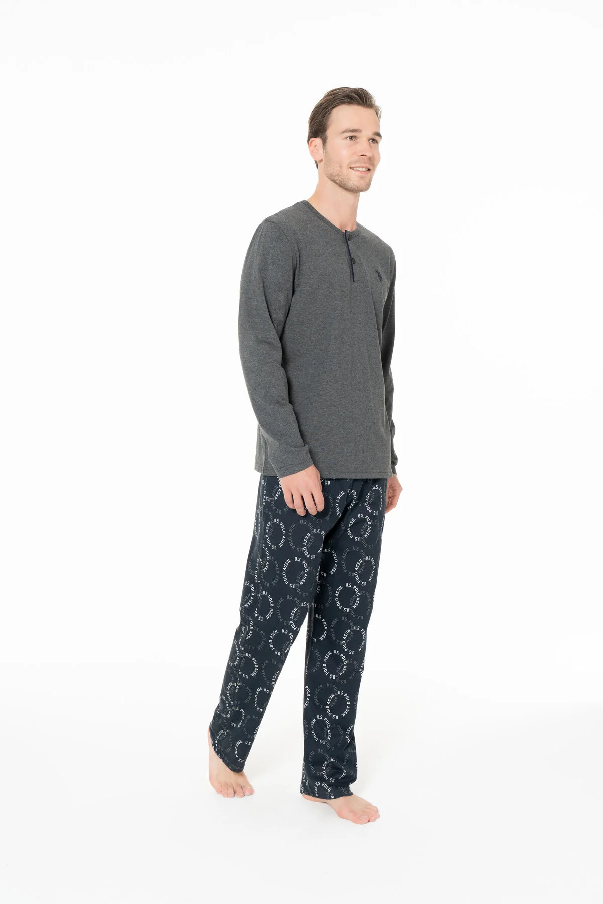Antrasit Melanj Pamuklu Erkek Uzun Kollu Düğmeli Yaka Desenli Pijama Takımı U.S. Polo Assn.