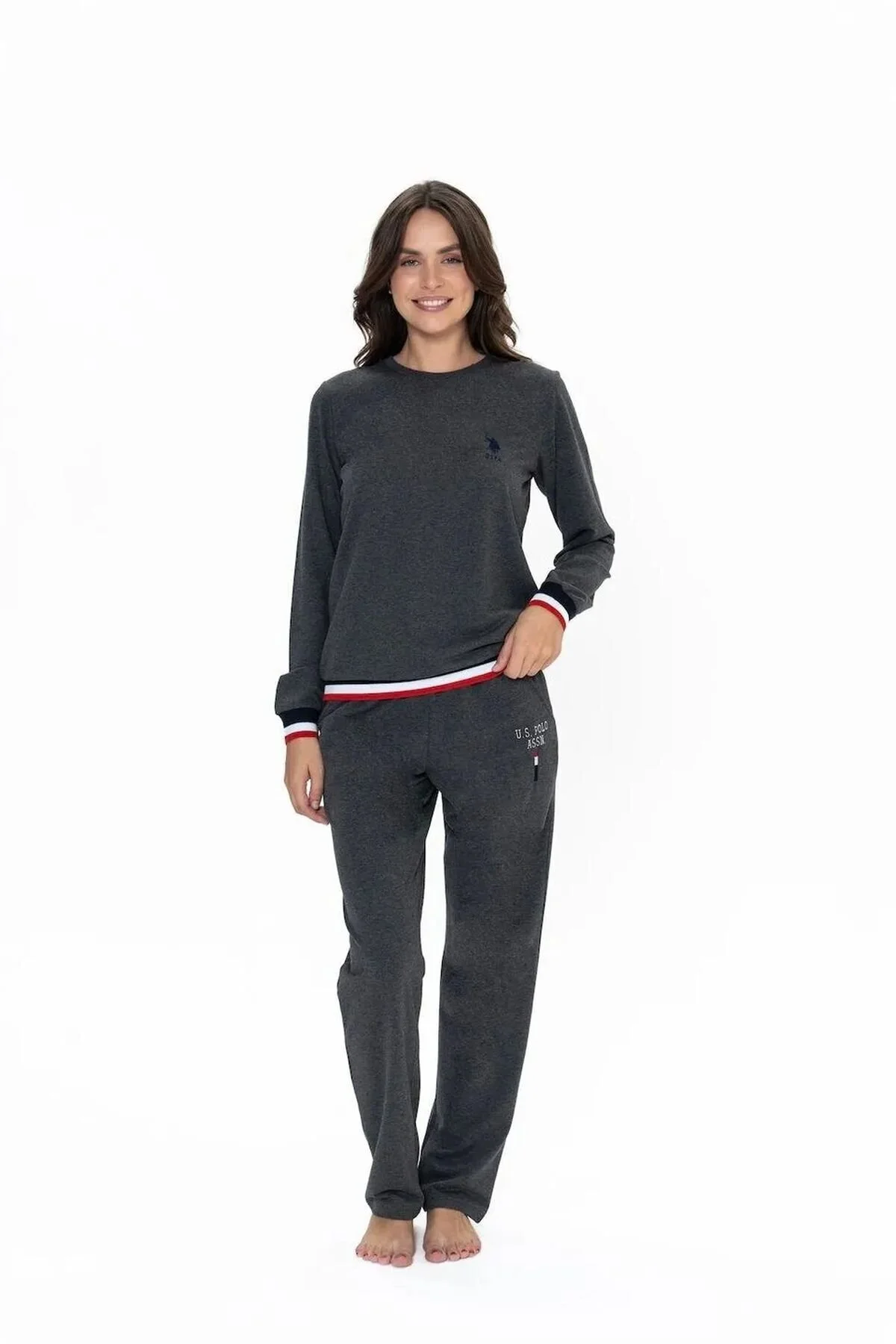 Antrasit Melanj Pamuklu Kadın Uzun Kollu Yuvarlak Yaka Şerit Detaylı Pijama Takımı U.S. Polo Assn.