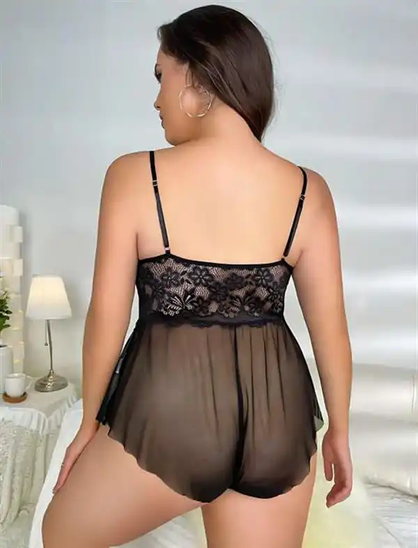 Arias Closet Büyük Beden Siyah Dantel İşlemeli Fırfırlı Fantezi Babydoll