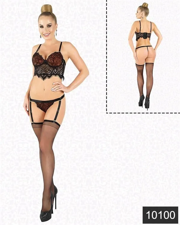 Bakır Siyah Lamine Dantel Ayarlanabilir Askılı Kadın Bralet Jartiyer String Takımı
