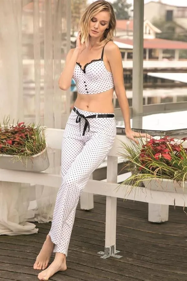Beyaz Pamuklu İnce Askılı Puantiye Desenli Dantel Detaylı Braletli Kadın Pijama Takımı