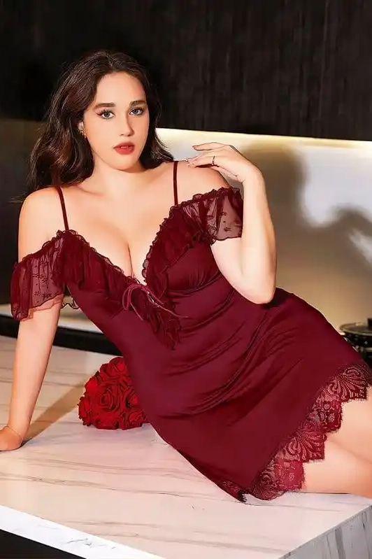 Bordo Dantel Detaylı Kadın İnce Askılı Gecelik