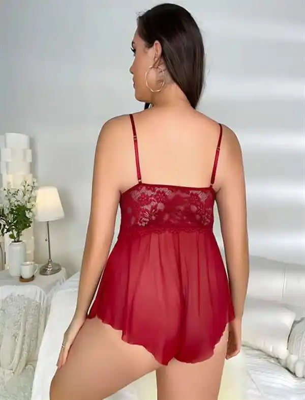 Bordo Dantel Tül Göğüs İp Detaylı Fırfır Etekli Kadın Fantezi Babydoll