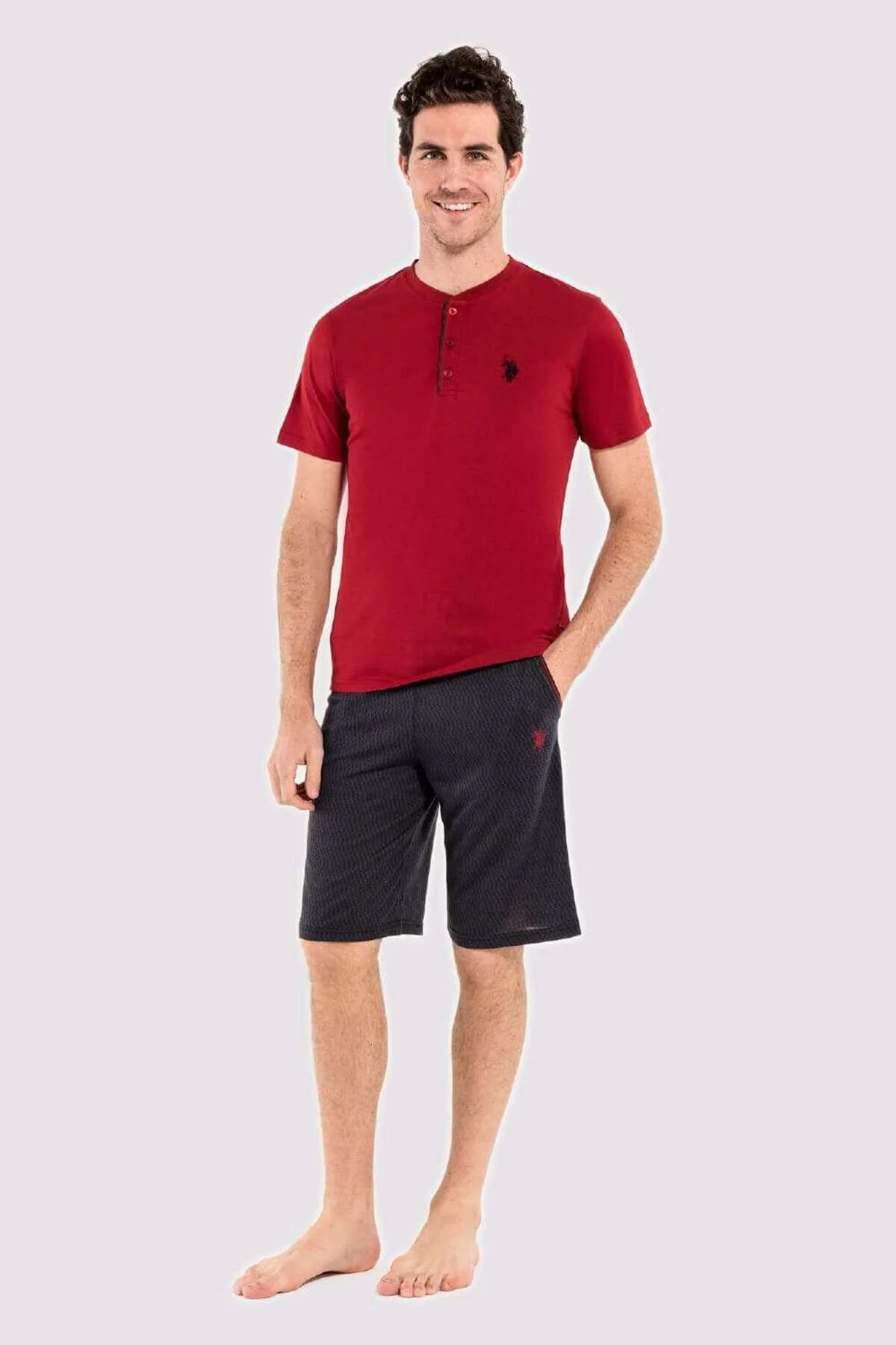 Bordo Pamuklu Düğmeli Yaka Kısa Kollu Erkek 3'lü Pijama Takımı U.S. Polo Assn.