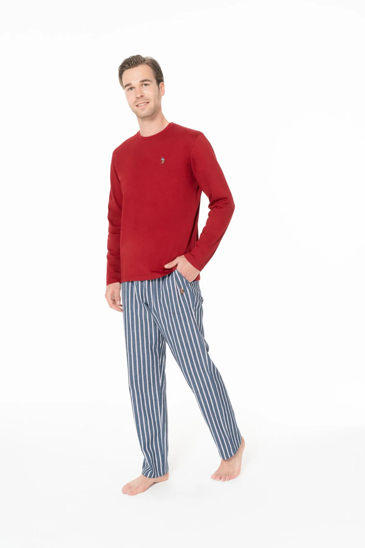 Bordo Pamuklu Erkek Uzun Kollu Bisiklet Yaka Çizgili Pijama Takımı U.S. Polo Assn.