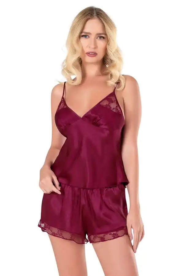 Bordo Saten Dantel Detaylı Kadın Şortlu Babydoll Takım