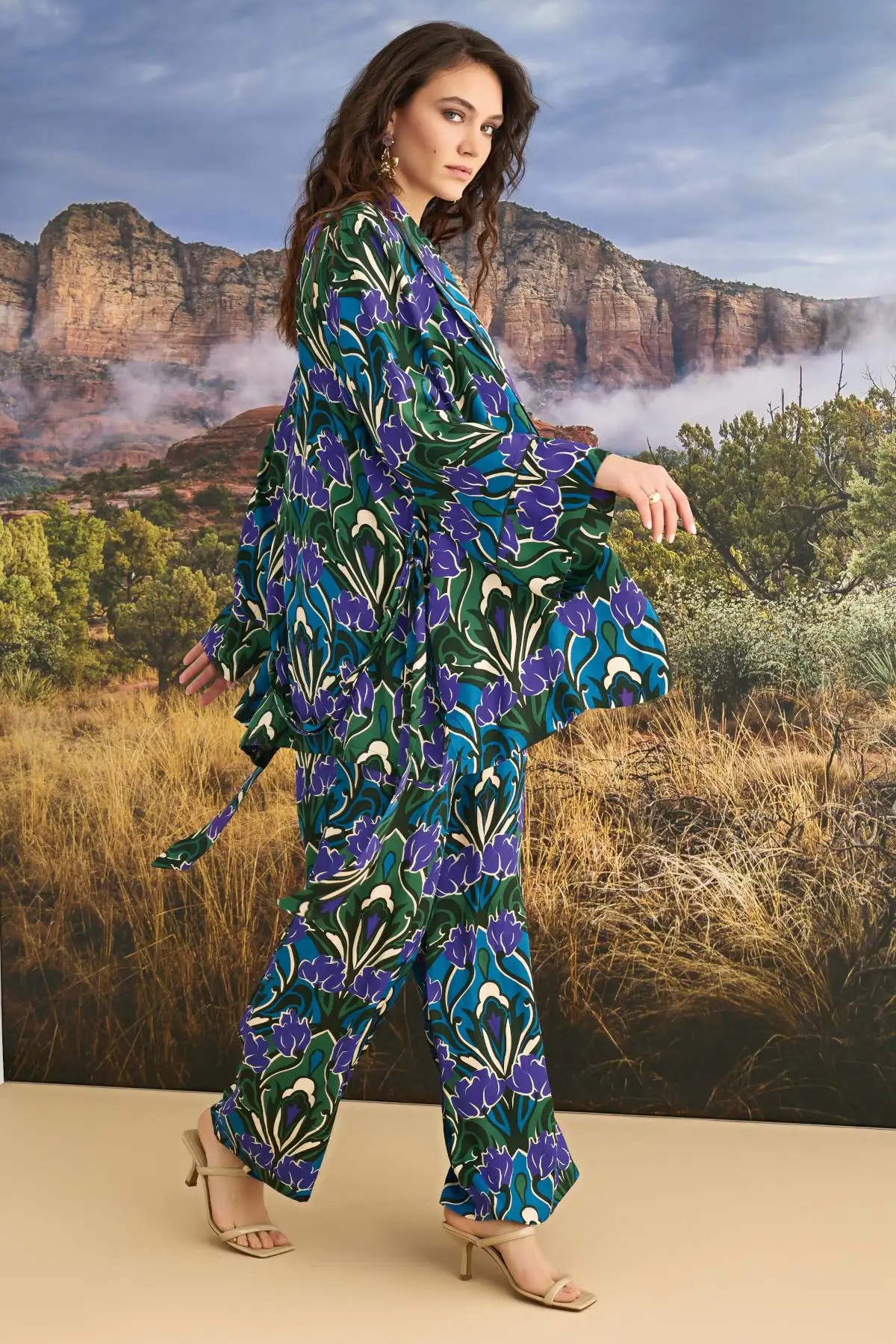 Çiçek Desenli 3 lü Saten Yeşil Pijama Takımı