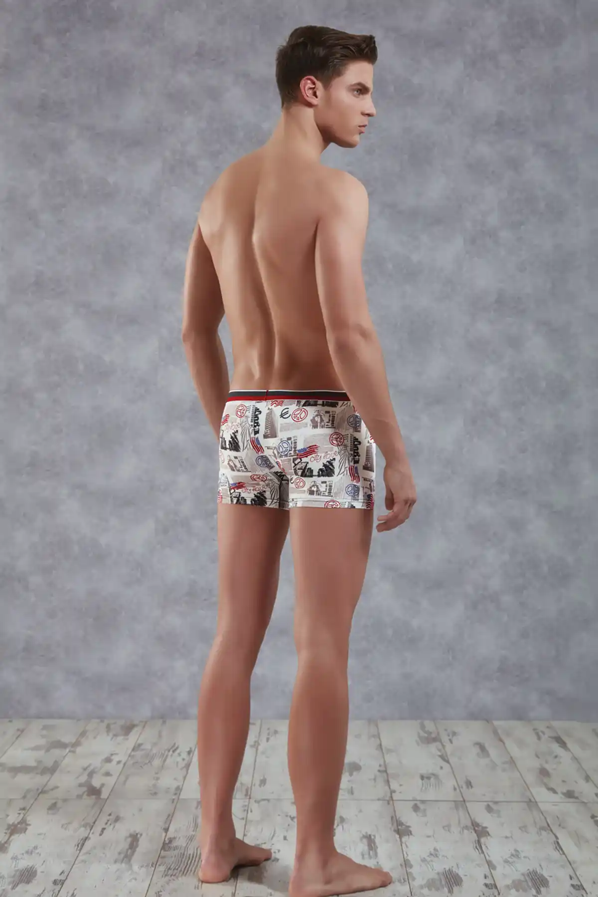 Erkek Ekru Çok Renkli Baskılı Kırmızı-Siyah Lastikli Mikrofiber Boxer