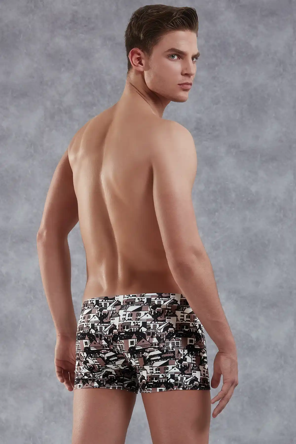 Erkek Ekru Siyah Kahverengi Şehir Desenli Mikrofiber Boxer