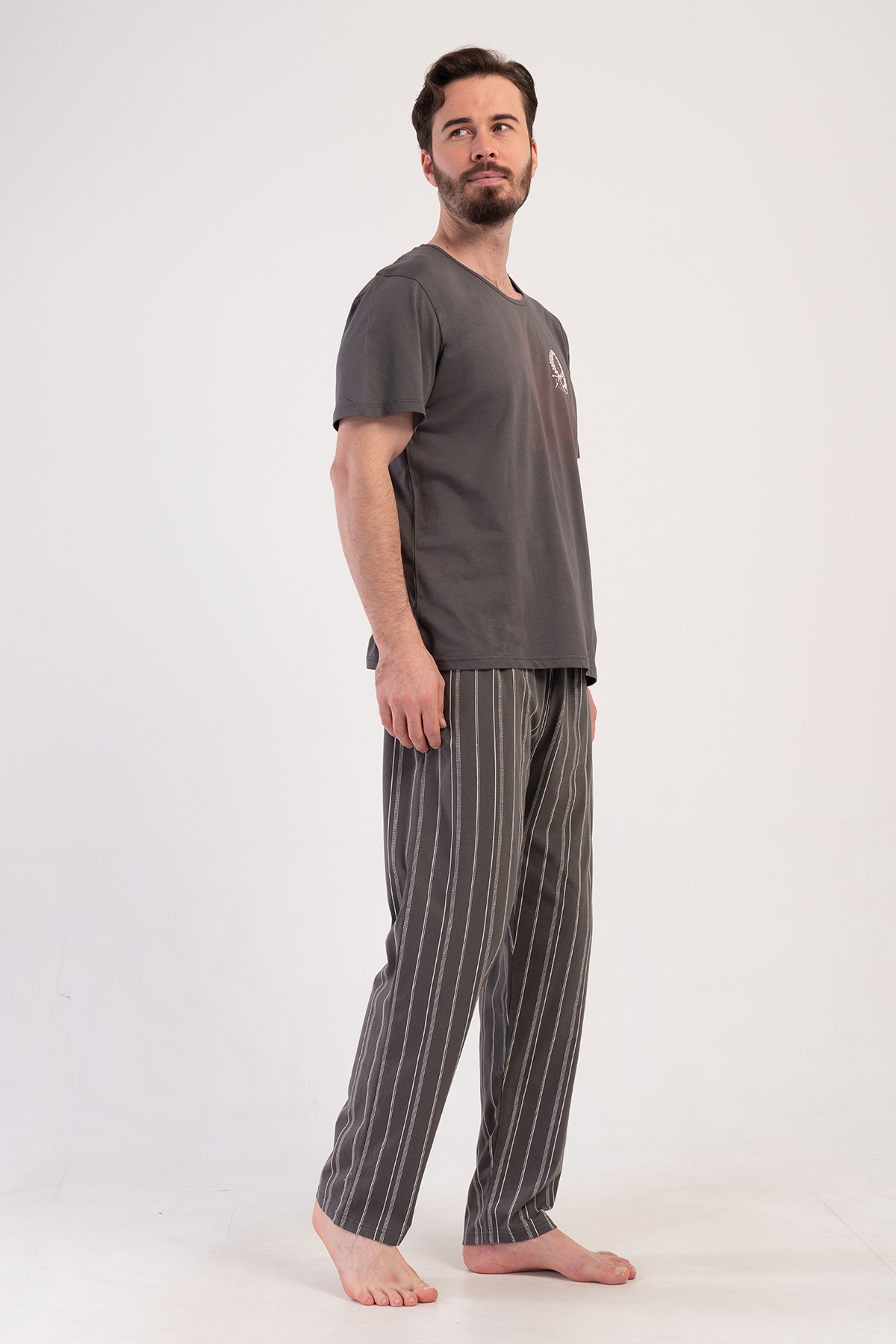 Erkek Füme Suprem O Yaka Kısa Kol Pijama Takımı
