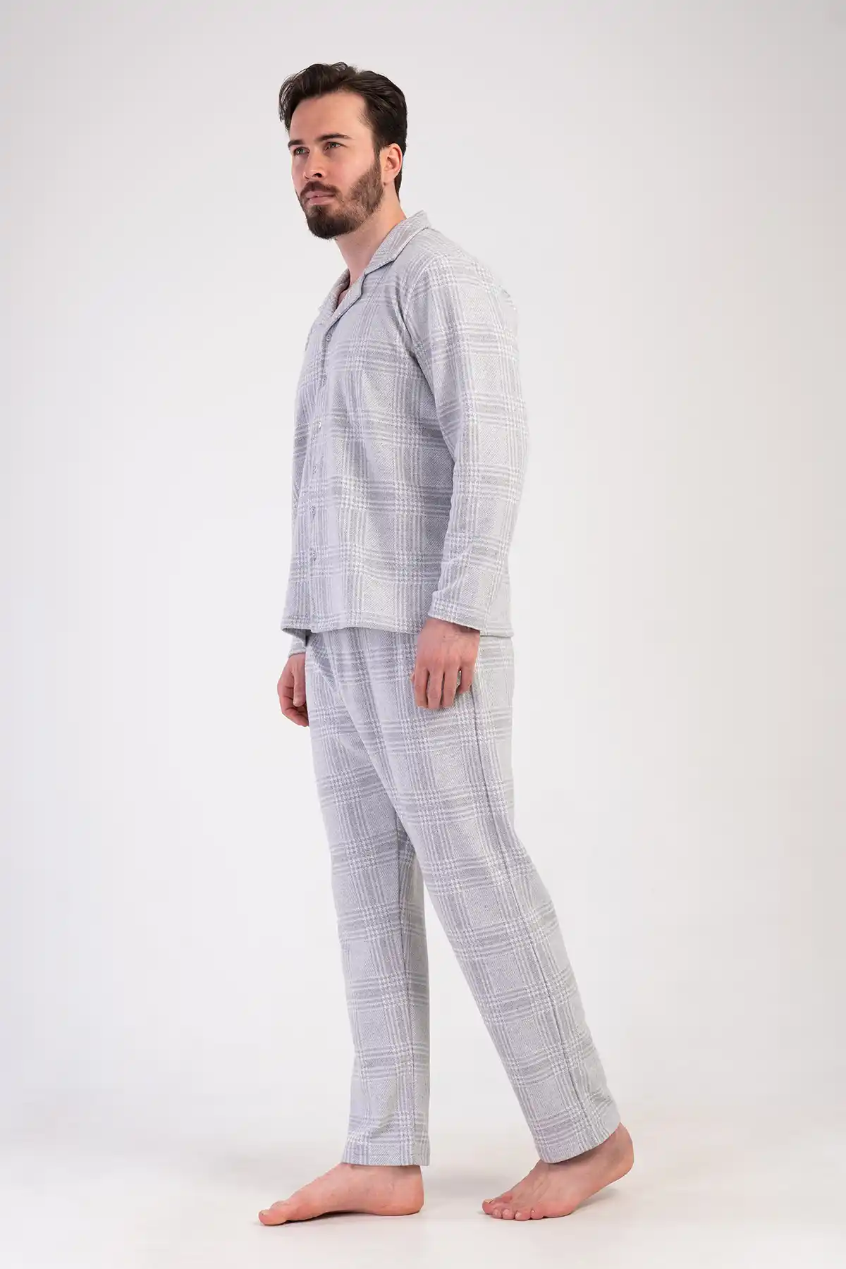 Erkek Jakarlı Açık Gri Gömlek Yaka Düğmeli Uzun Kollu Pijama Takımı