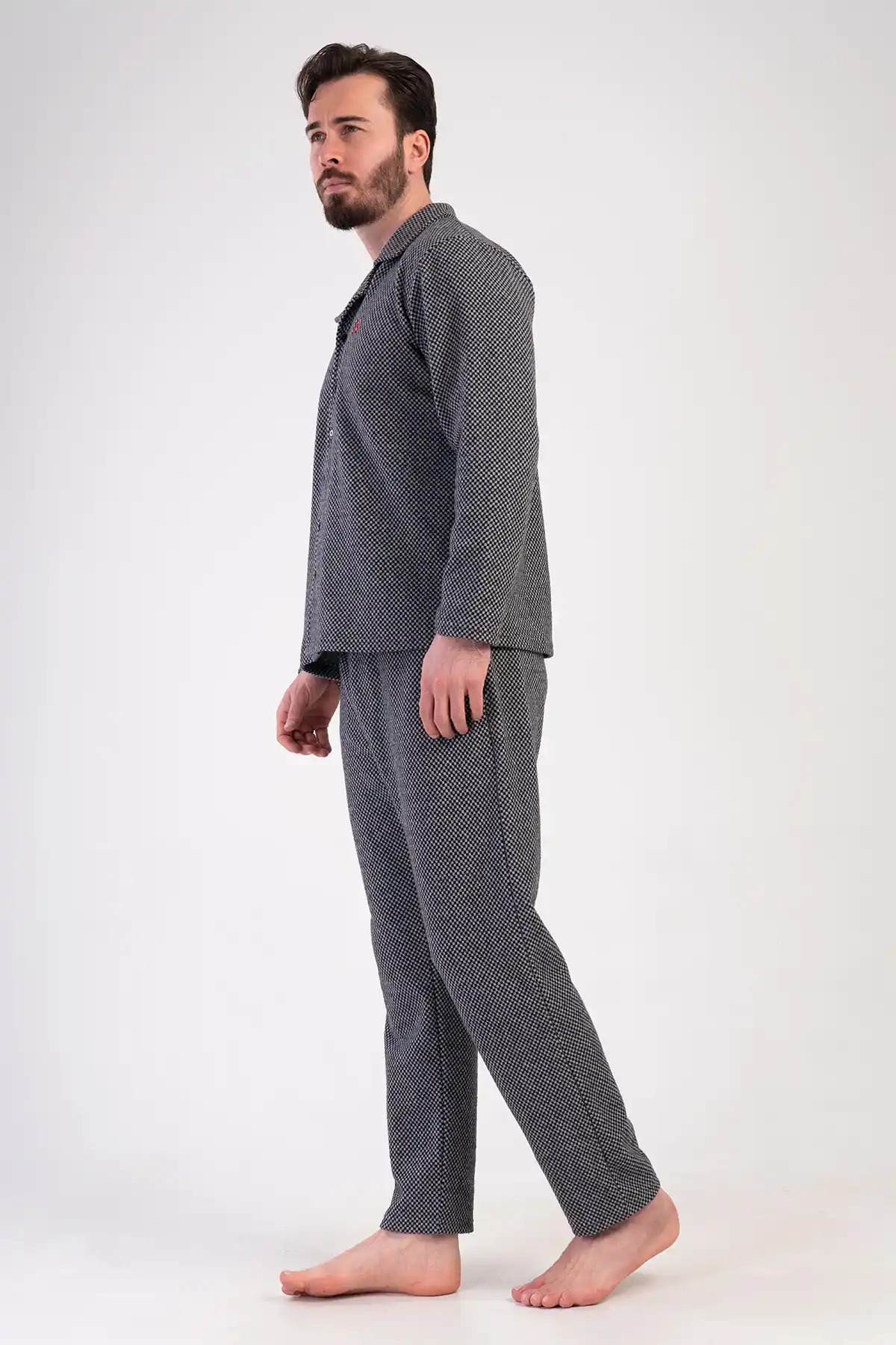 Erkek Jakarlı Gri Gömlek Yaka Düğmeli Uzun Kollu Pijama Takımı