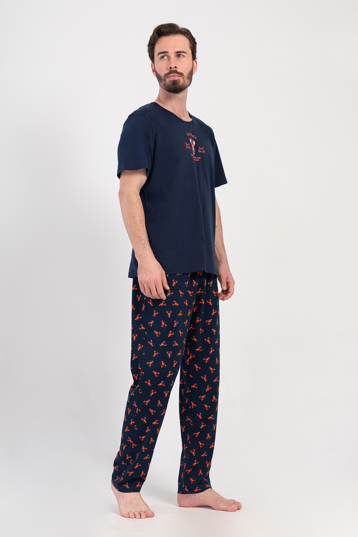 Erkek Lacivert Suprem O Yaka Kısa Kol Cepli Pijama Takım