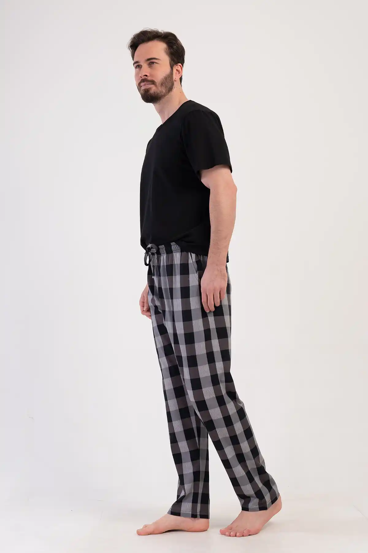 Erkek Süprem Büyük Beden Siyah Kareli Kısa Kollu Pijama Takım