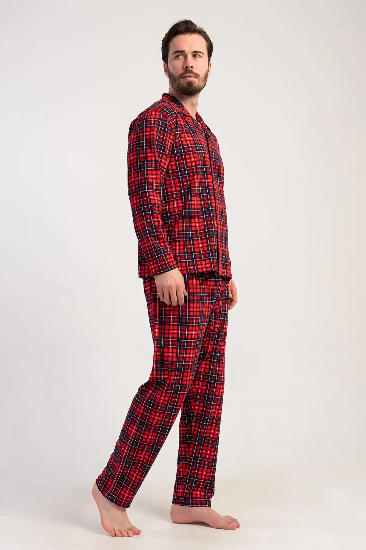 Erkek Süprem Gömlek Yaka Düğmeli Uzun Kollu Pijama Takımı