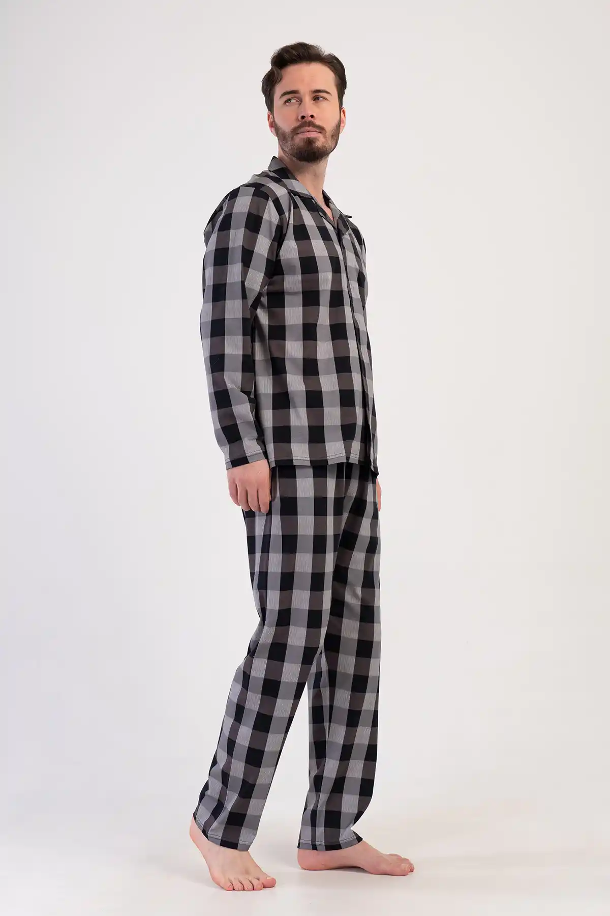 Erkek Süprem Siyah Ekoseli Gömlek Yaka Düğmeli Uzun Kollu Pijama Takımı
