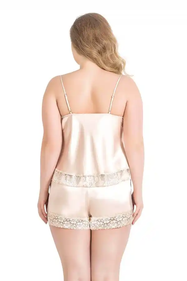Fildişi Saten Dantelli Büyük Beden Babydoll Şort Takım 