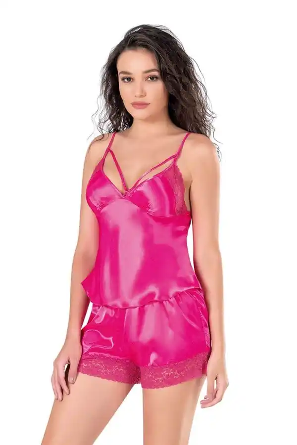 Fuşya Saten Dantel Detaylı Kadın Şortlu Babydoll Takım