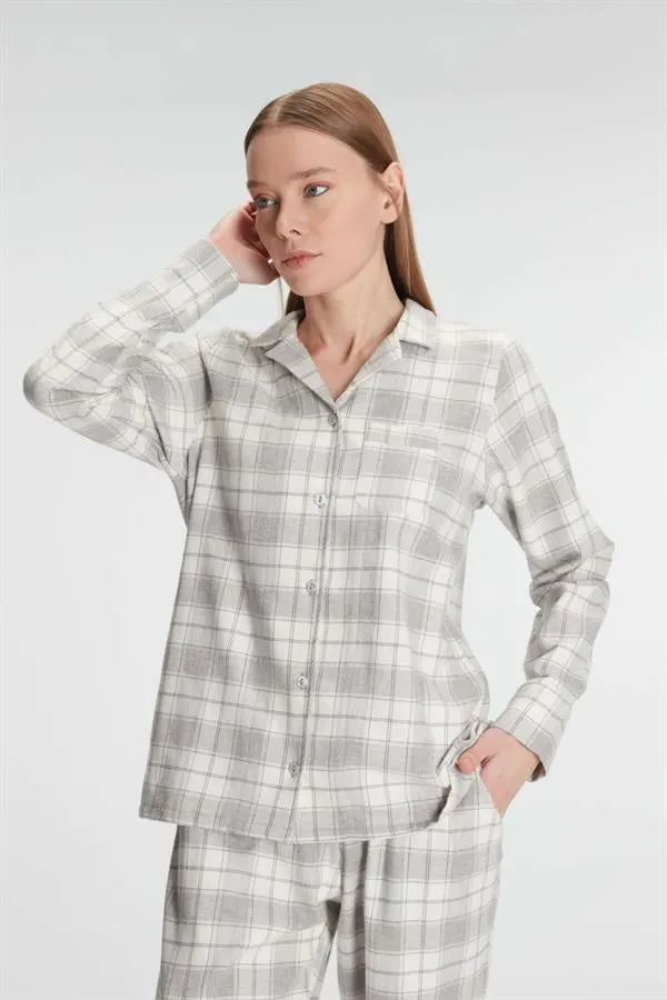 Gri Ekose Pamuklu Düğmeli Uzun Kollu Kadın Pijama Takımı
