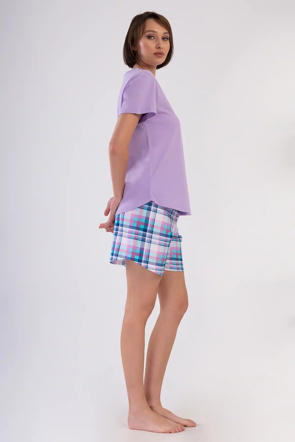 Kadın Büyük Beden Süprem Lila Ekoseli Şortlu Pijama Takım