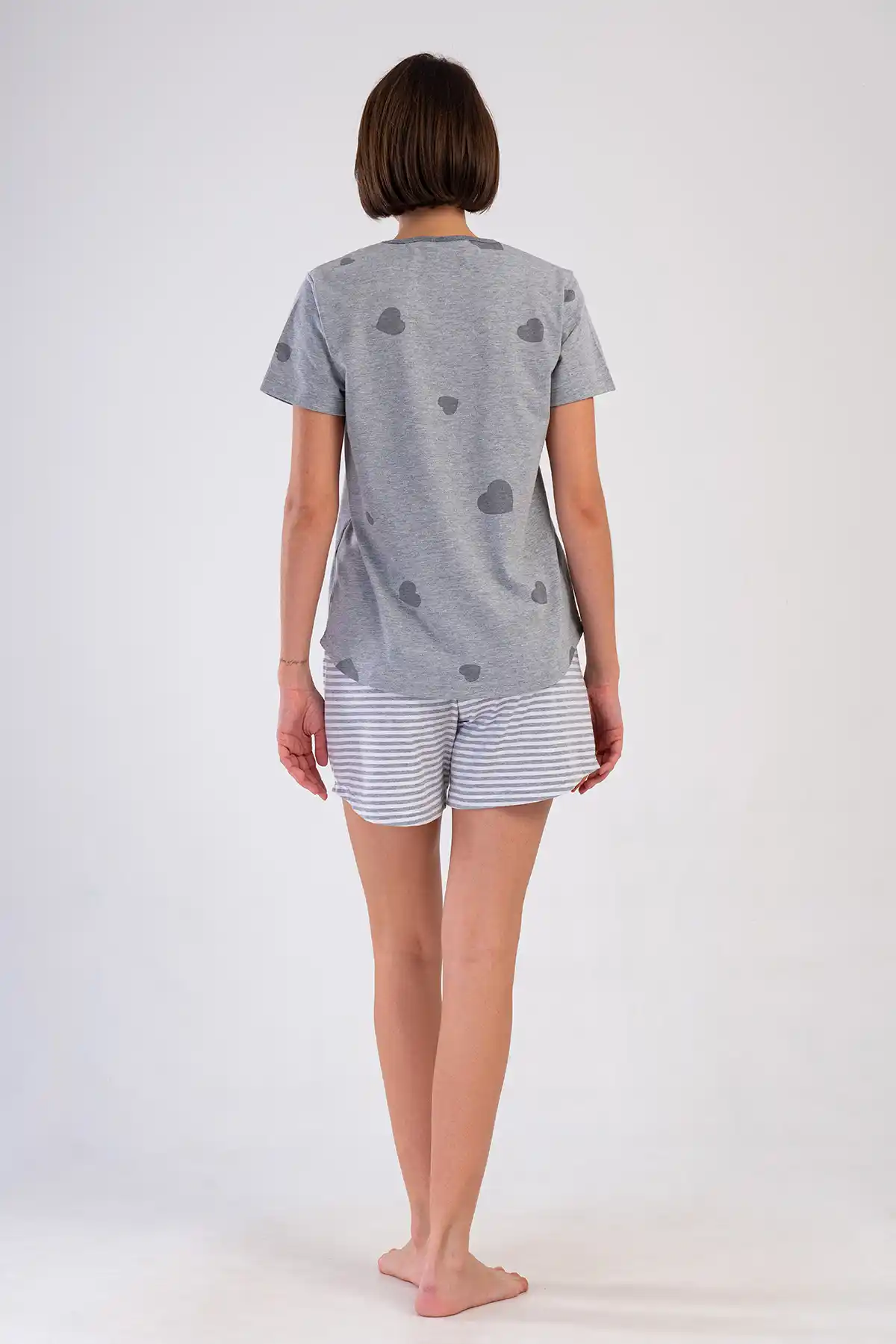 Kadın Büyük Beden Süprem Melanj Gri Kısa Kol Desenli Çizgili Şortlu Pijama Takım