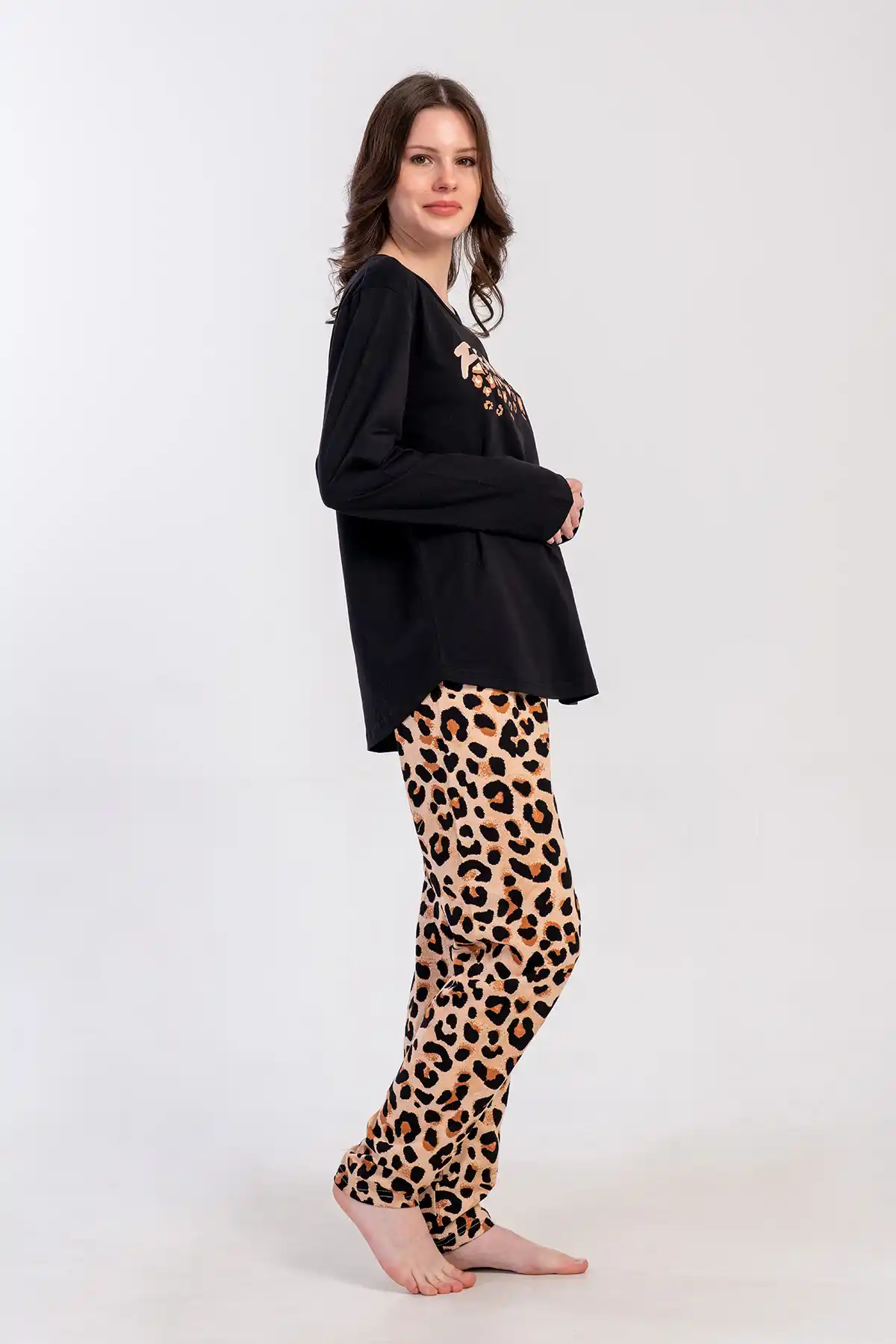 Kadın Büyük Beden Süprem Siyah Leopar Uzun Kollu Pijama Takımı