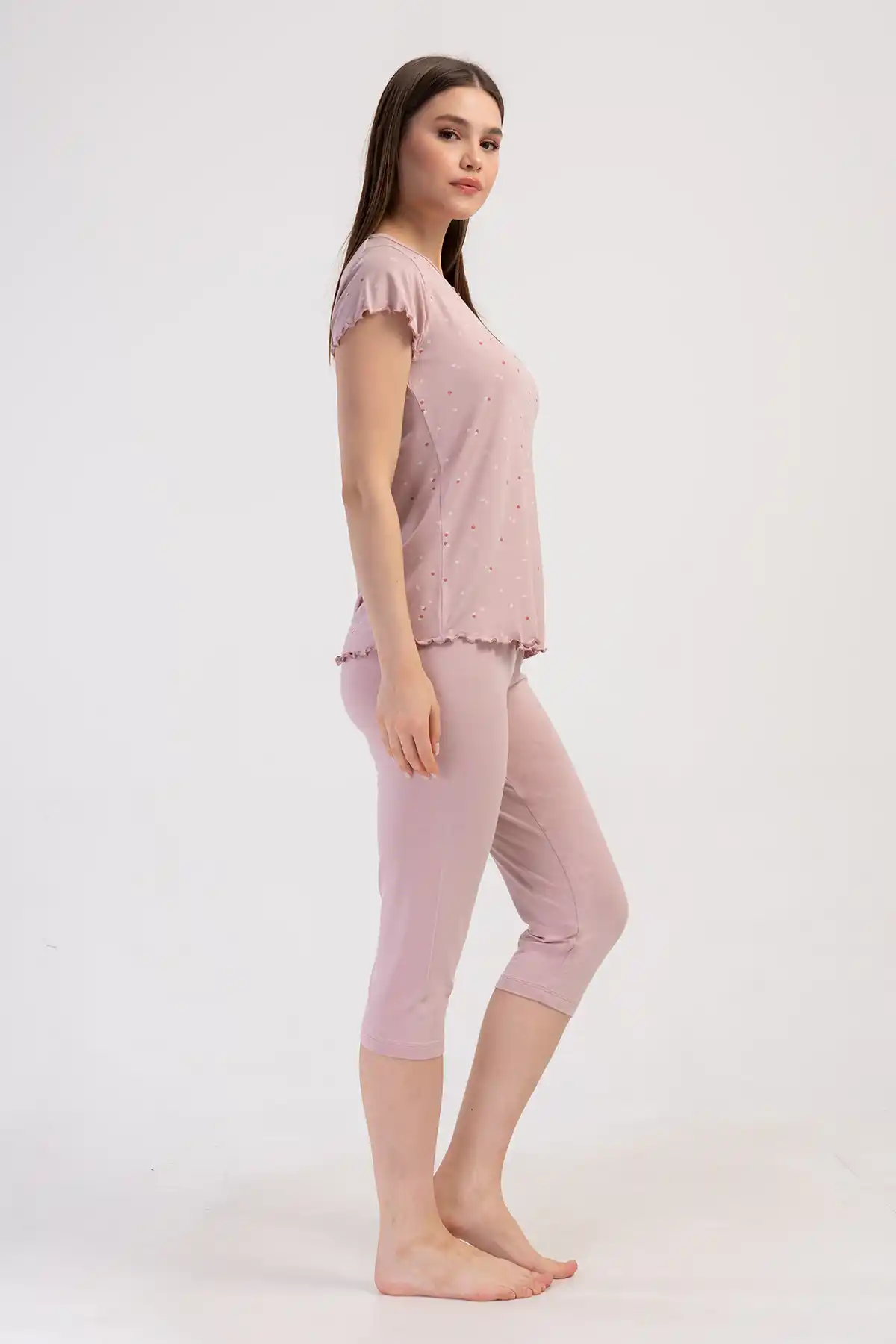 Kadın Büyük Beden Viskon Pembe V Yaka Desenli Kapri Pijama Takım