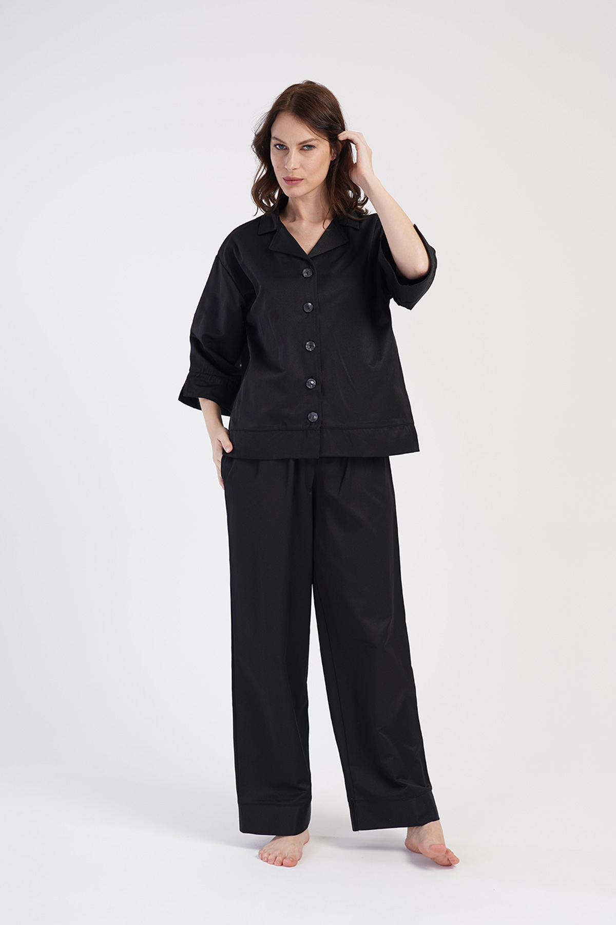 Kadın Gömlek Yaka Tamamı Düğmeli Cepli Siyah Pijama Takım