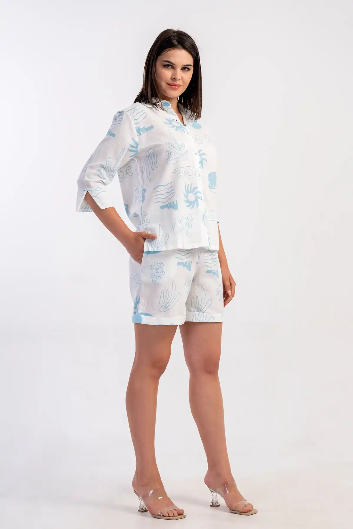 Kadın Kıbrıs Keten Beyaz Desenli 3/4 Kol Gömlek Şort Pijama Takım