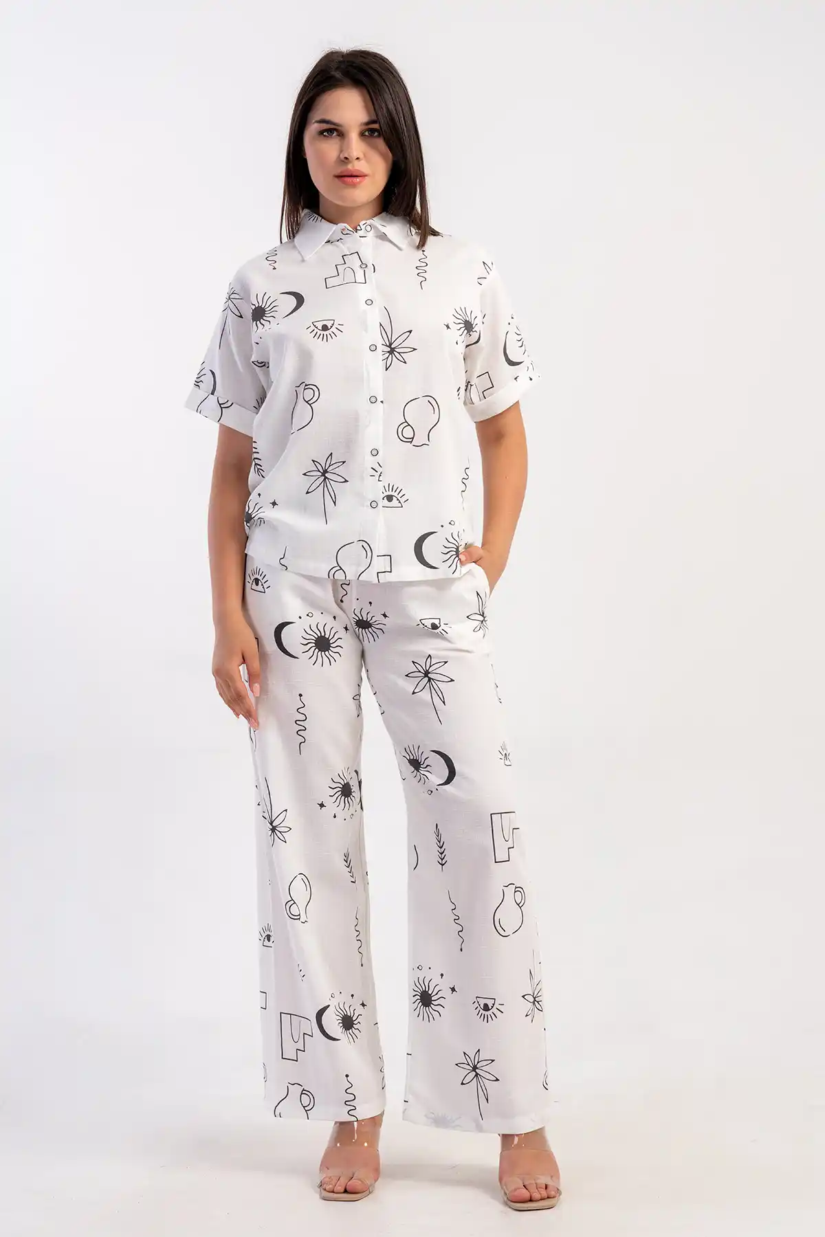 Kadın Kıbrıs Keten Beyaz Desenli Kısa Kol Gömlek Pijama Takım