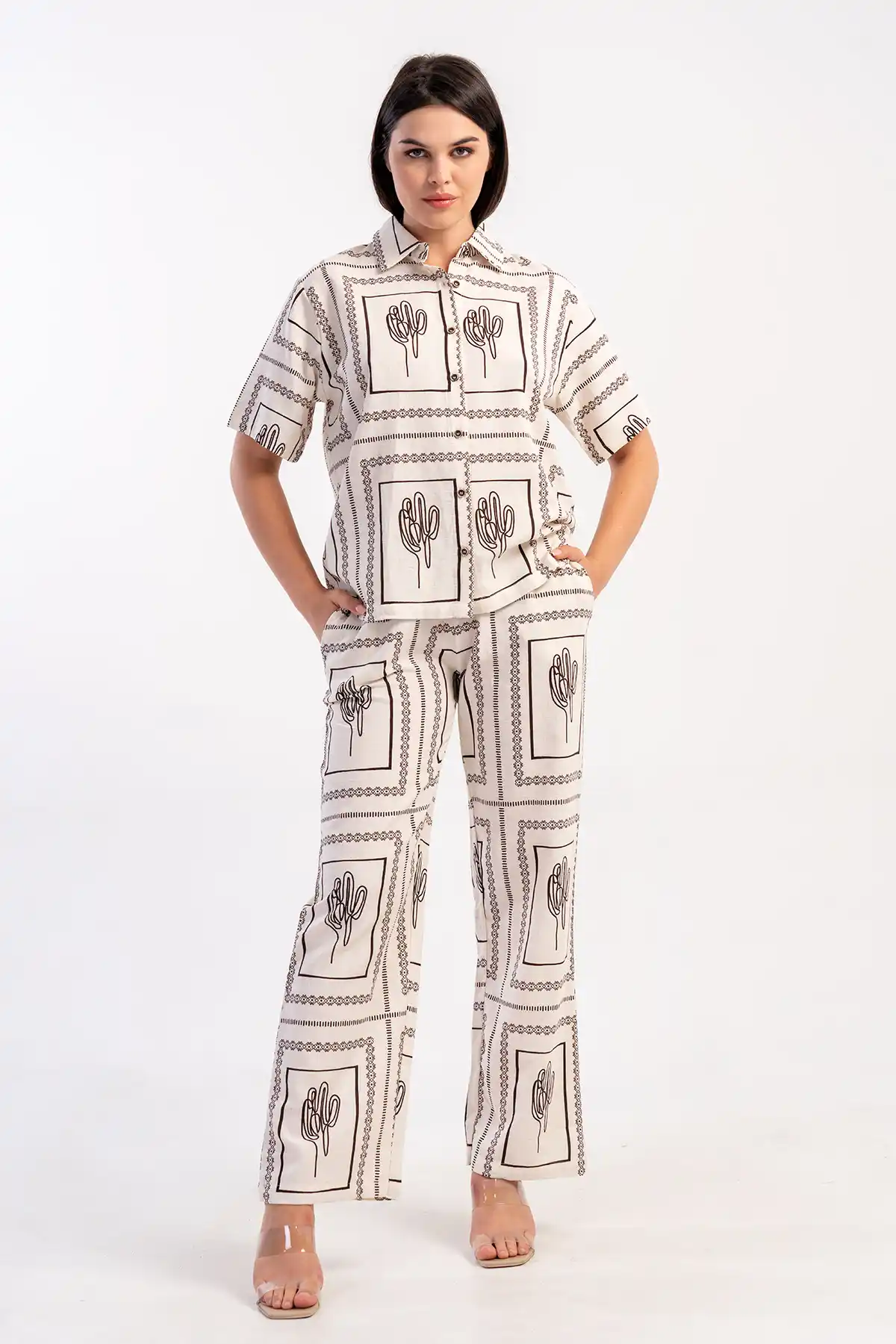 Kadın Kıbrıs Keten Beyaz Kısa Kol Cepli Gömlek Pijama Takım