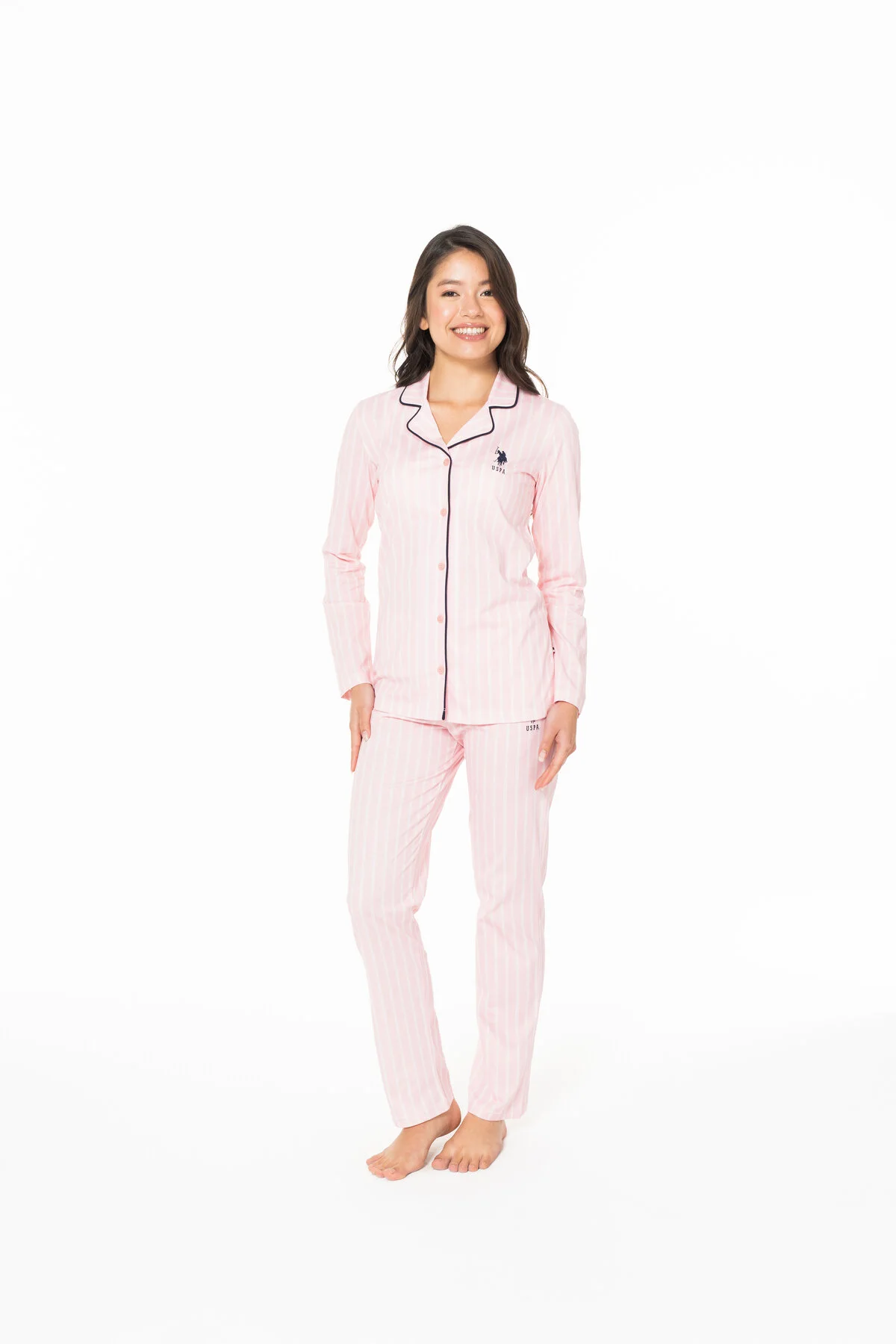 Pembe Pamuk Çizgili Düğmeli Kadın Pijama Takımı U.S. Polo Assn.
