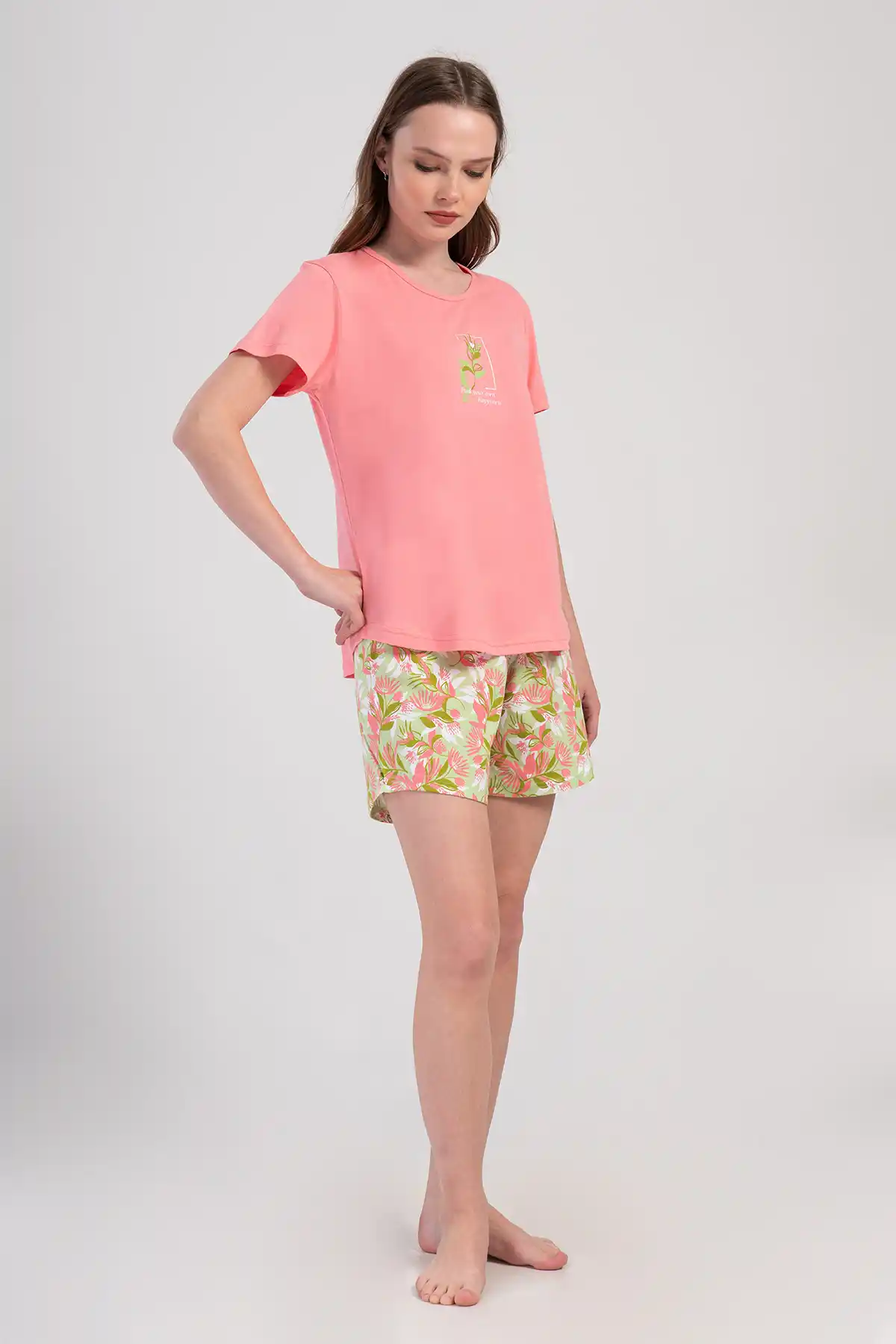 Kadın Süprem Açık Pembe Desenli Şortlu Pijama Takım
