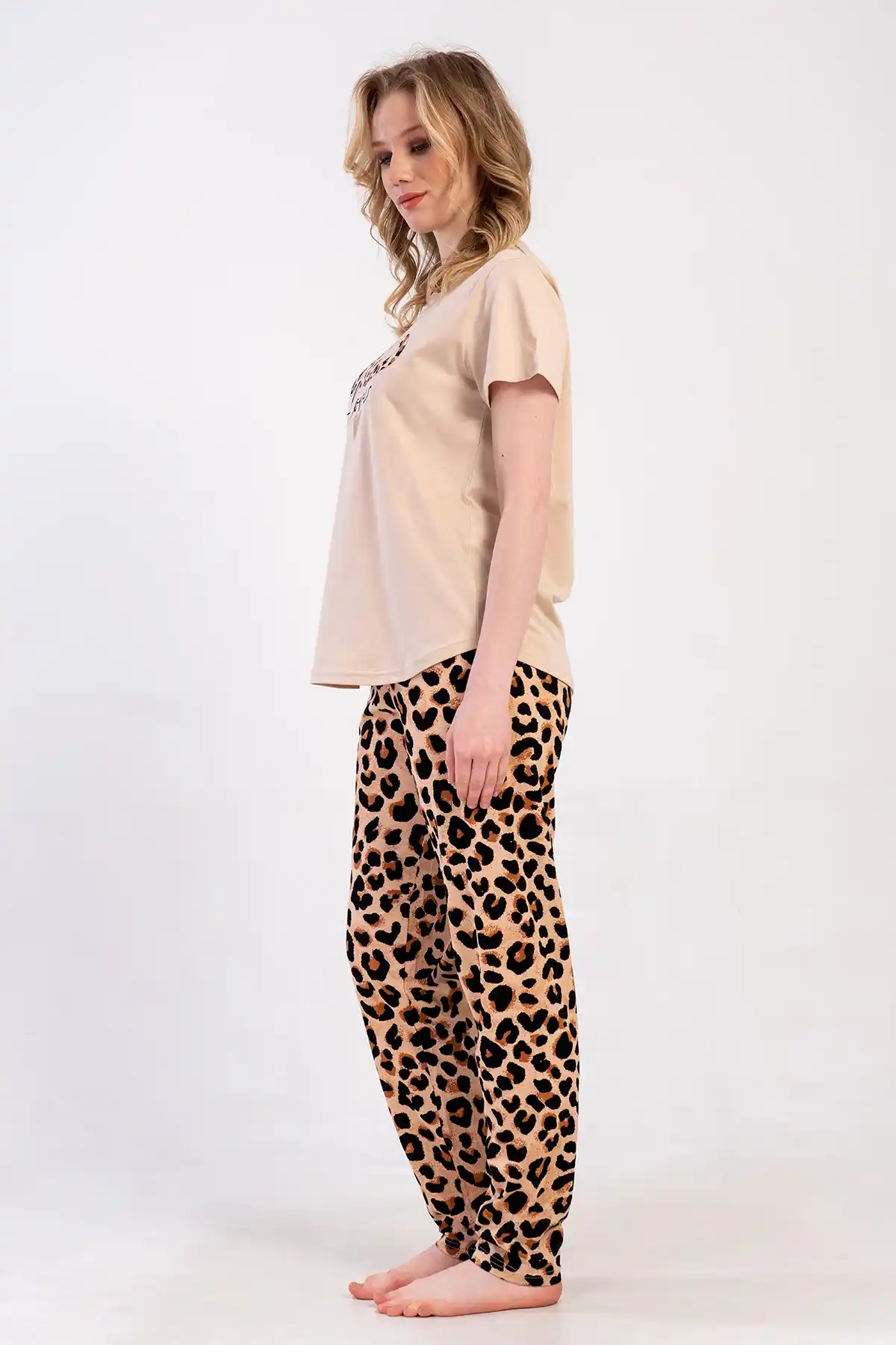 Kadın Süprem Büyük Beden Leopar Kısa Kollu Pijama Takımı