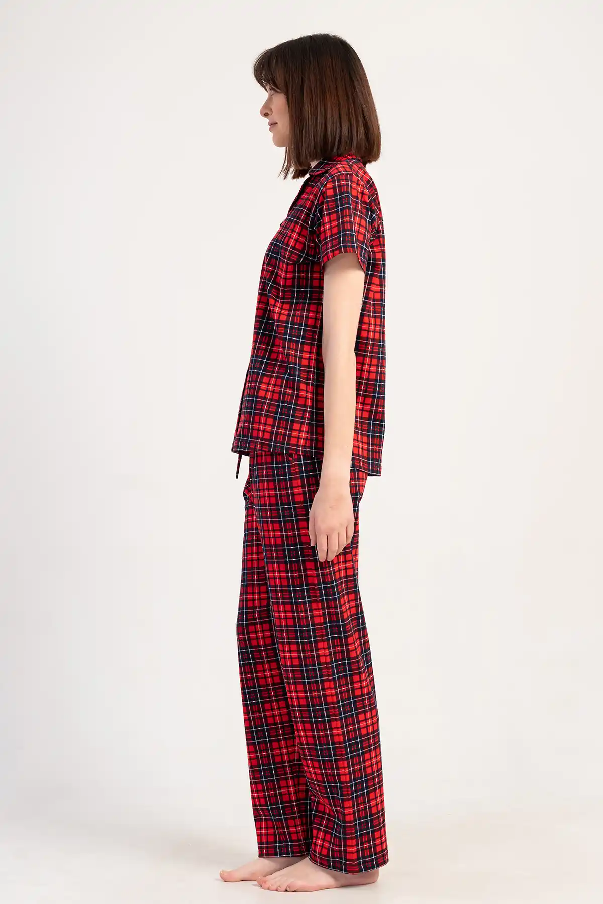 Kadın Süprem Kırmızı Ekoseli Gömlek Kısa Kollu Pijama Takım