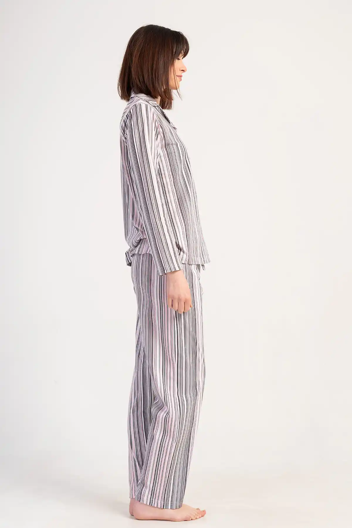 Kadın Süprem Pembe Gri Çizgili Uzun Kollu Gömlek Üst Pijama Takımı