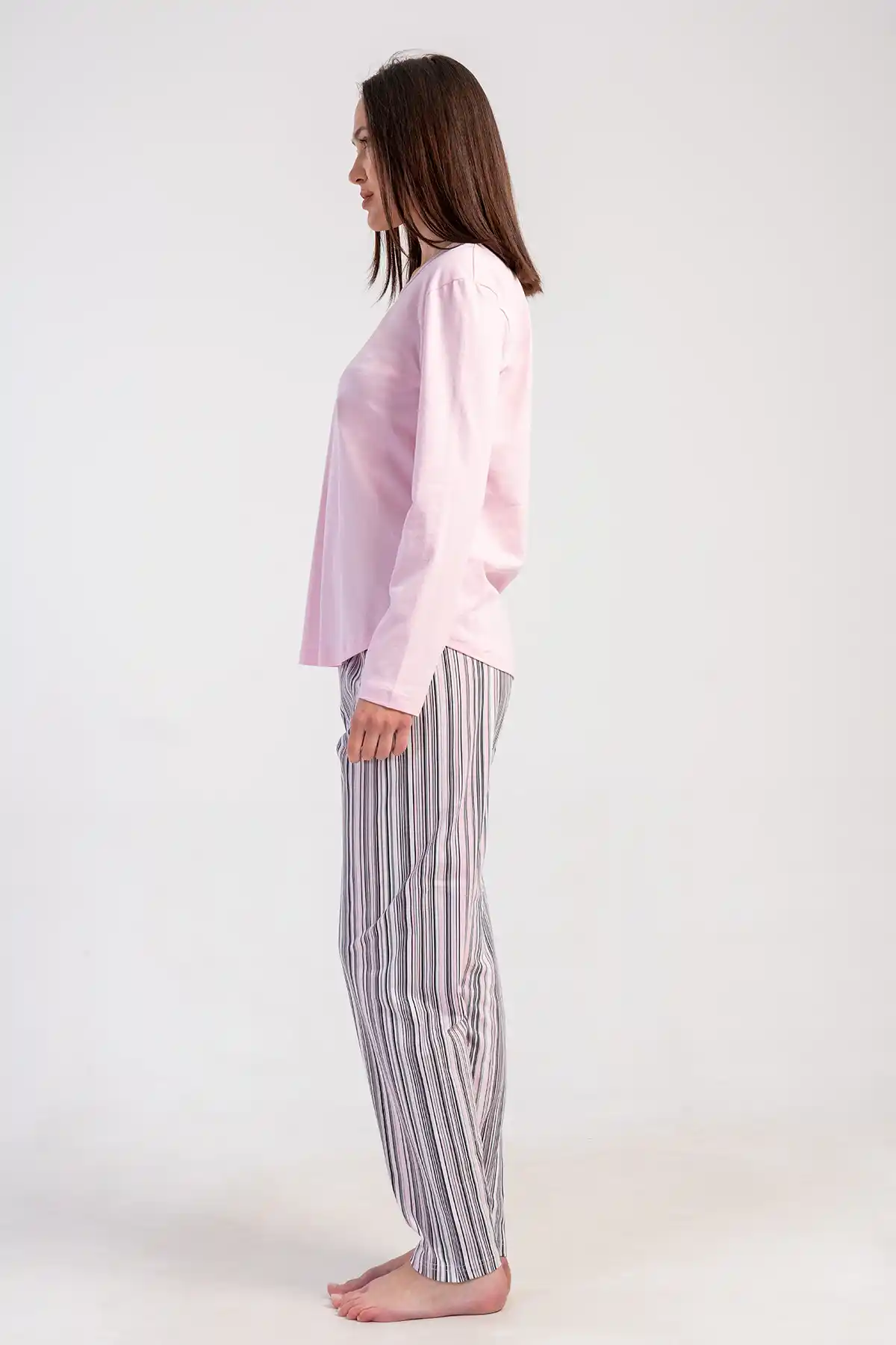 Kadın Süprem Pembe Gri Desenli Çizgili Uzun Kollu Pijama Takım