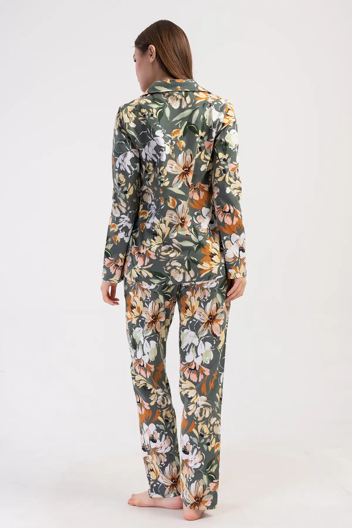 Kadın Süprem Yeşil Çiçek Desenli Gömlek Uzun Kollu Pijama Takımı