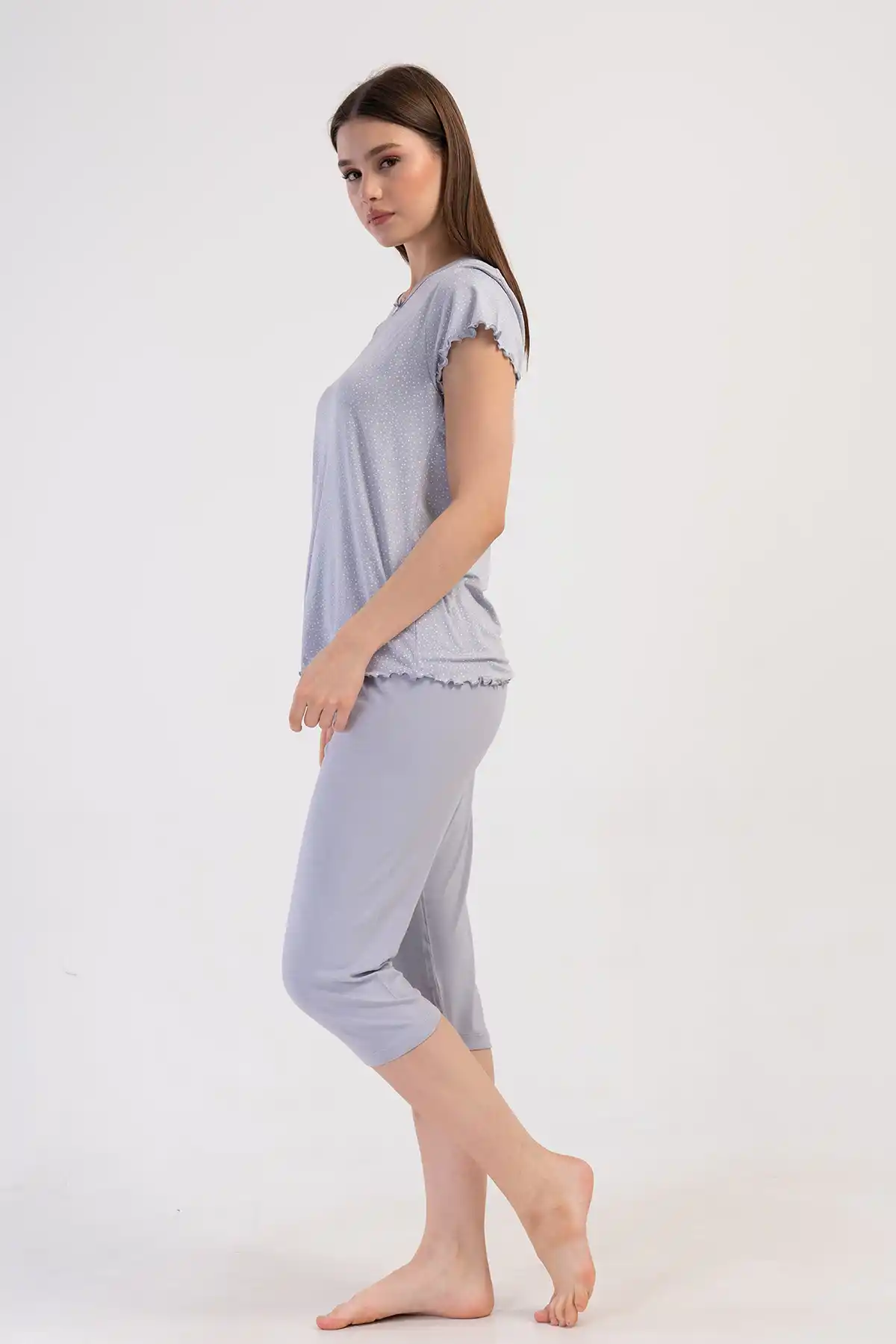 Kadın Viskon Füme Kısa Kollu Kapri Pijama Takım