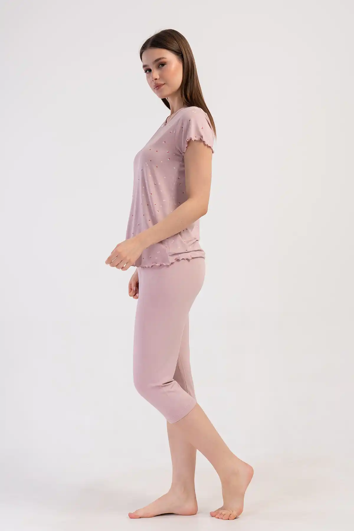 Kadın Viskon Pembe V Yaka Desenli Kapri Pijama Takım