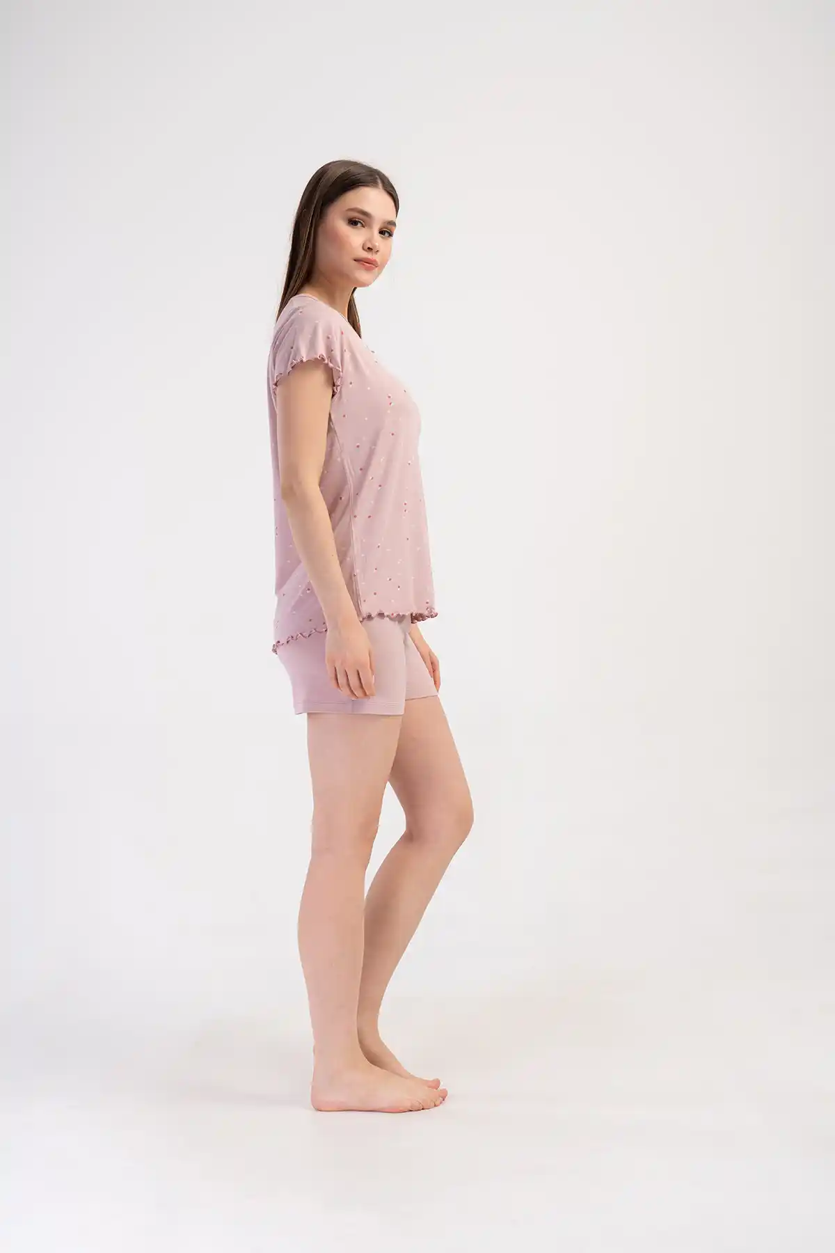 Kadın Viskon Pembe V Yaka Desenli Şortlu Pijama Takım