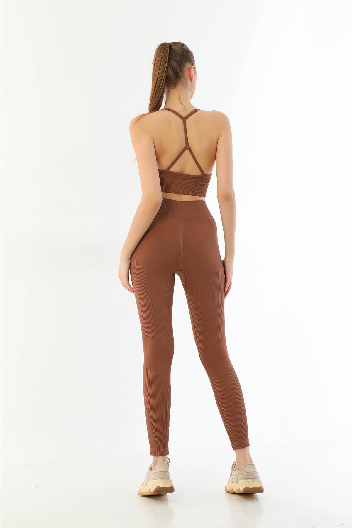 Kahverengi Soft Seamless Ripli Tayt Yoga Takımı