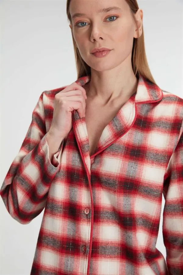 Kırmızı Ekose Pamuklu Düğmeli Uzun Kollu Kadın Pijama Takımı