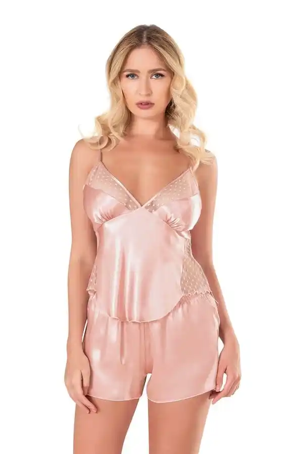 Koyu Pudra Saten Tül Detaylı Kadın Şortlu Babydoll Takım