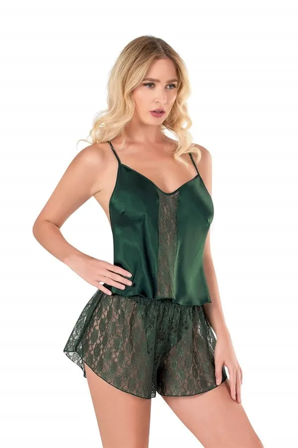 Koyu Yeşil Saten Dantel Detaylı Kadın İp Askılı Şortlu Pijama Takımı