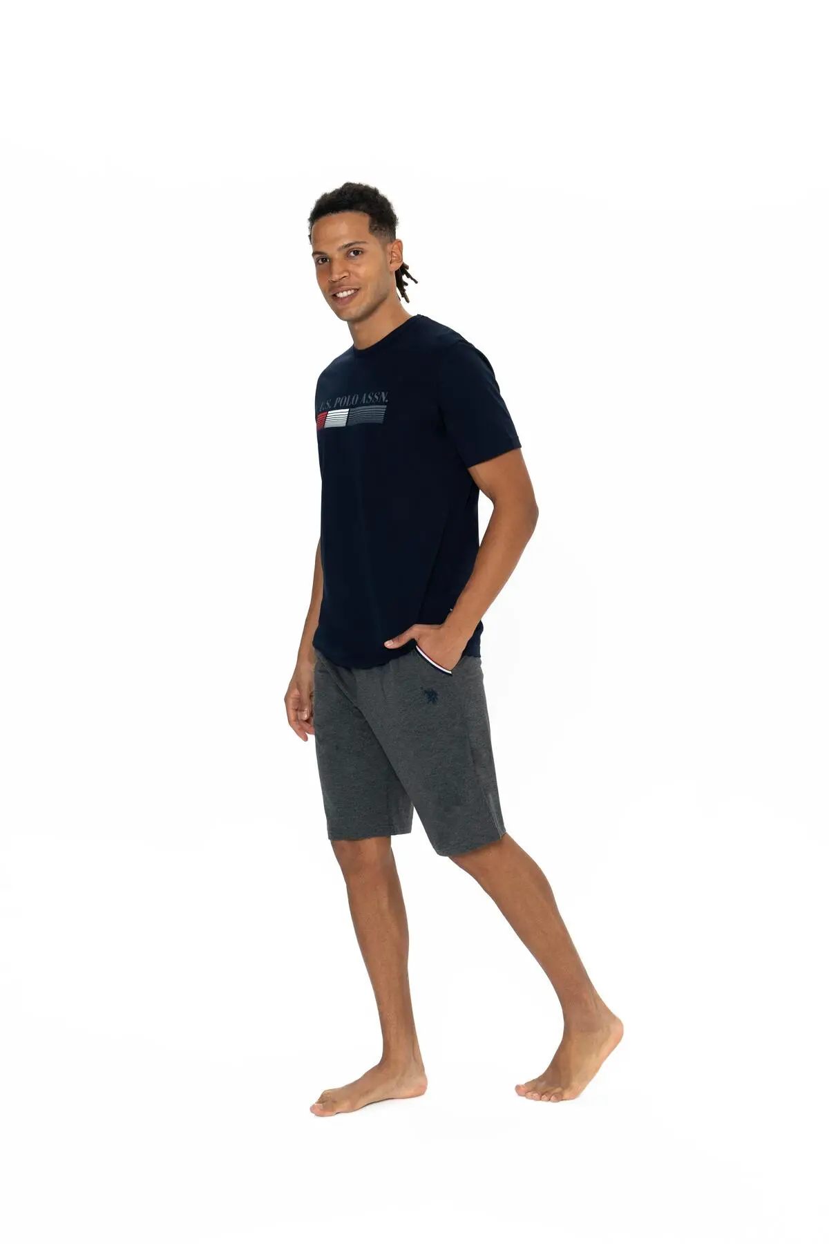 Lacivert Gri Pamuklu Logo Baskılı Bisiklet Yaka Erkek Şort Takım U.S. Polo Assn.