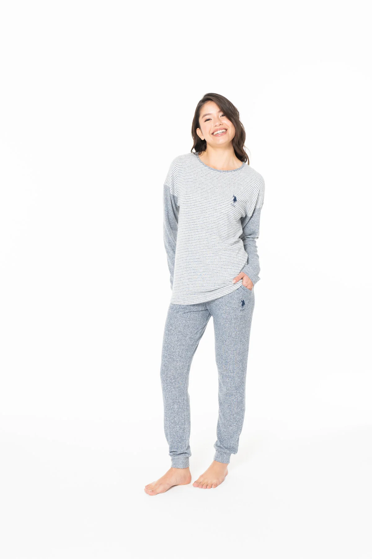 Lacivert Melanj Pamuklu Kadın Uzun Kollu Bisiklet Yaka Çizgili Pijama Takımı U.S. Polo Assn.