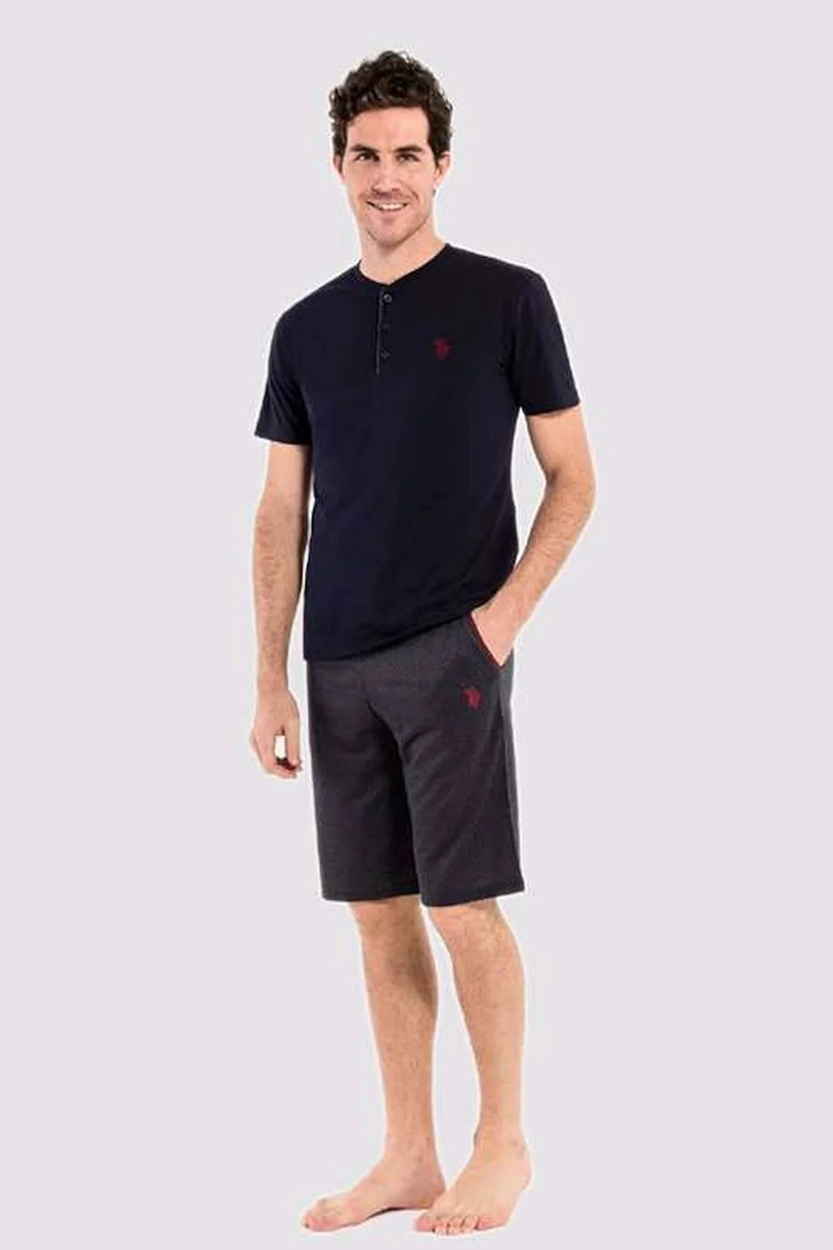Lacivert Pamuklu Düğmeli Yaka Kısa Kollu Erkek 3'lü Pijama Takımı U.S. Polo Assn.