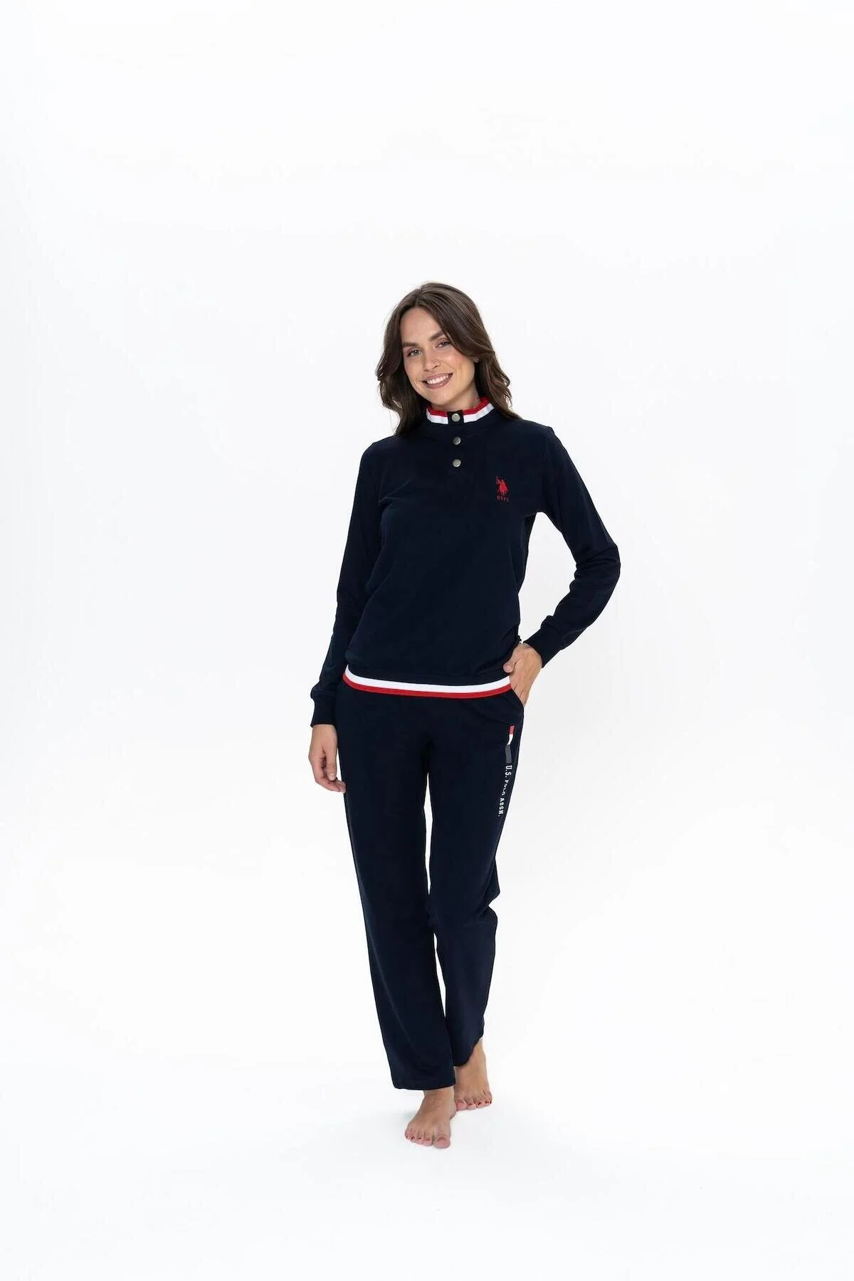 Lacivert Pamuklu Düğmeli Yaka Şerit Detaylı Kadın Uzun Kollu Pijama Takımı U.S. Polo Assn.